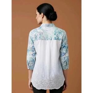 Chico's 3 (XL) Milada Paisley Button Down Shirt Full White Eyelet Lace Back Cute